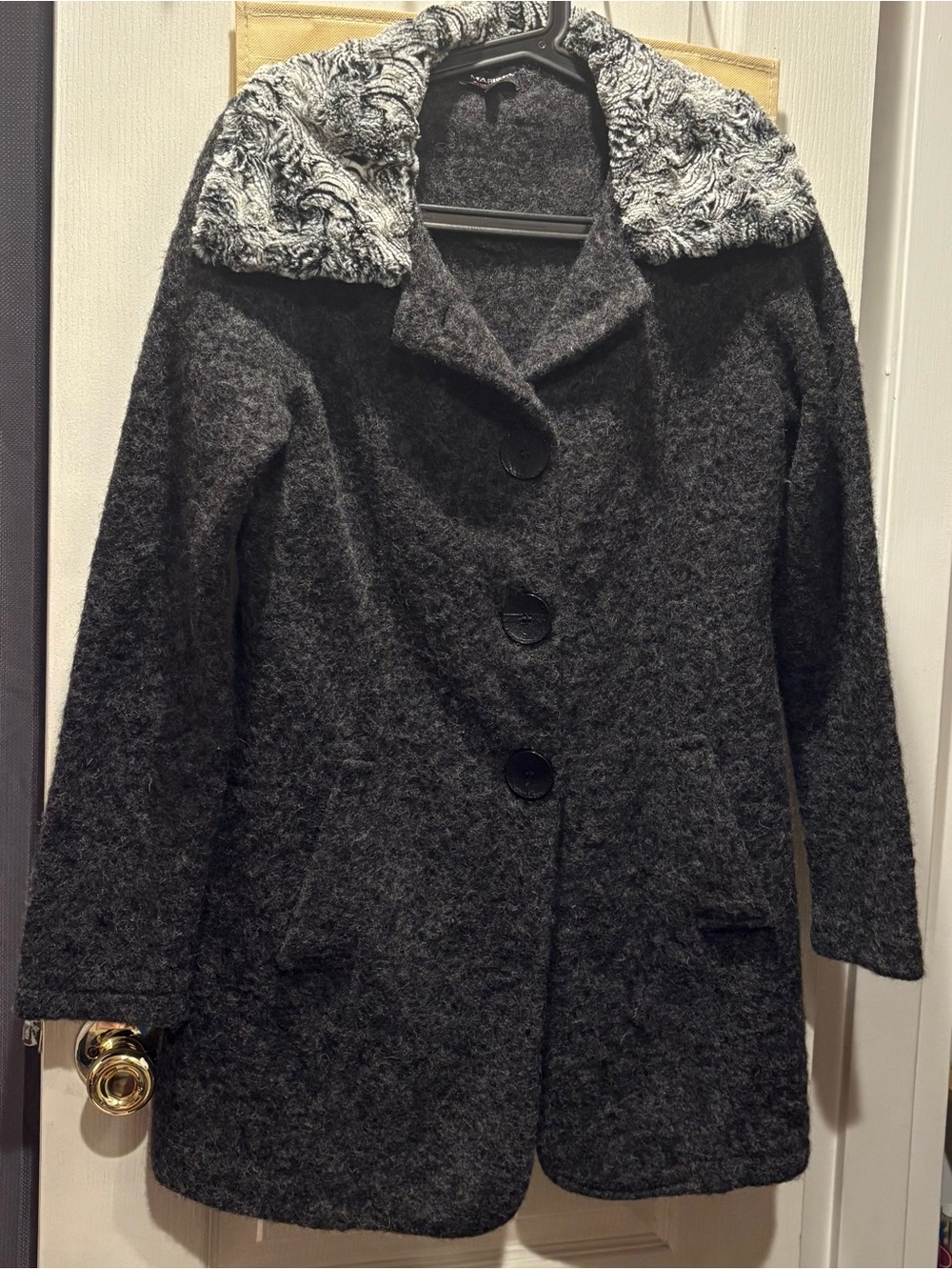 Women's Dark Gray Pea Coat with Faux Fur Collar